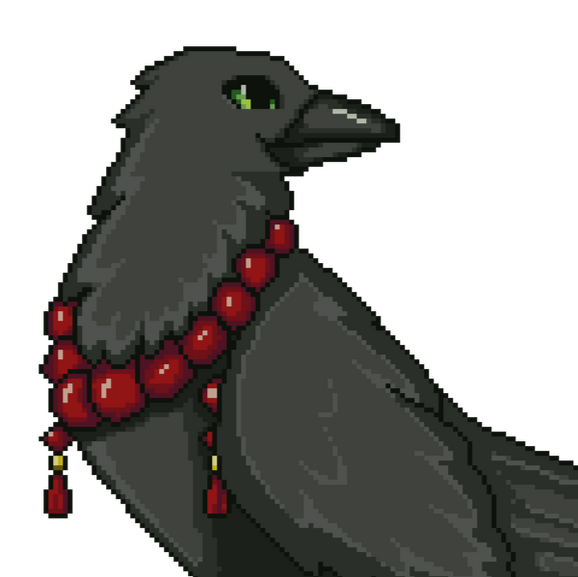 Gif of a pixel art crow vtuber model wearing a red mala bead necklace.