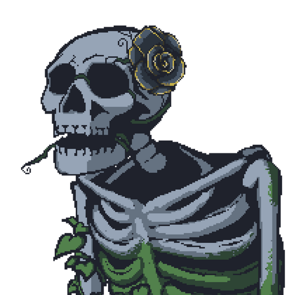 Gif of a pixel art skeleton vtuber model.
