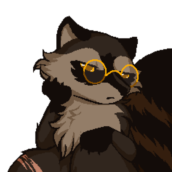 Gif of a pixel art raccoon vtuber model. It is dark brown and has gold round glasses and a scar on its leg.