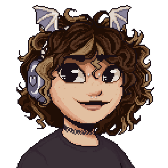 Gif of a pixel art vtuber model. It is a girl with short curly brown hair with blonde streaks. She is wearing a black tshirt with a frog on it.