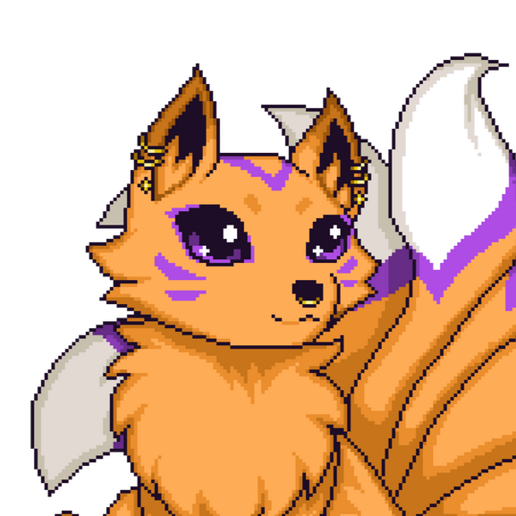 Gif of a pixel art nine-tailed fox vtuber model. She is bright orange with purple and white markings. She has gold earrings and a gold nose ring.